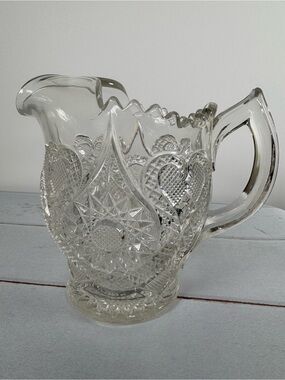 Antique EAPG Horseshoe Medallion Heart Clear Glass Water Pitcher Vintage 1908